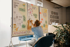 Klaus Gehrmann beim Graphic Recording der Ergebnispräsentation des Innovation Camp "Creative Care"